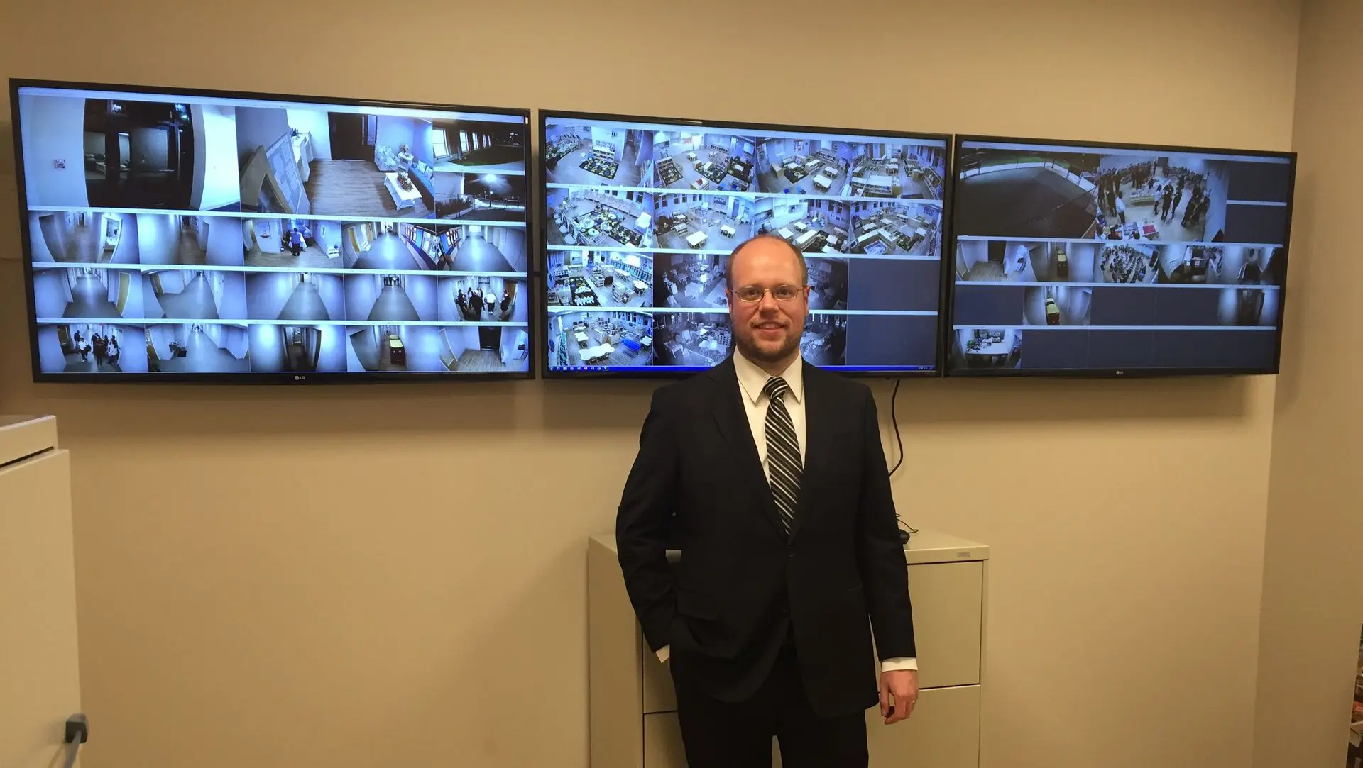 Live IP surveillance monitoring wall with multiple camera feeds installed by CompDAT